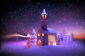 A Festive Church scene at Christmas with decorative lights and snowfall. 3D illustration